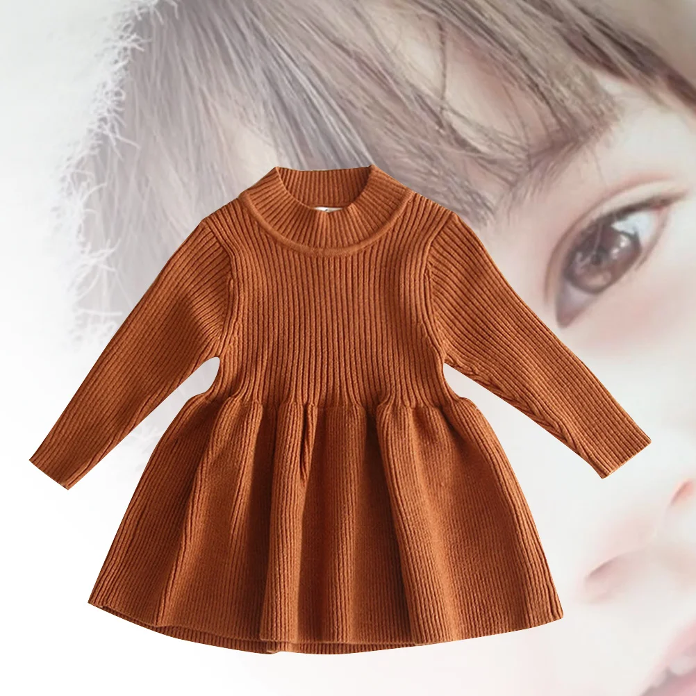 

Girls Knitted Dress 100cm Brown Autumn Winter Long Sleeve Soft Warm Sweater Skirt Casual Kids Fashion Daily Wear