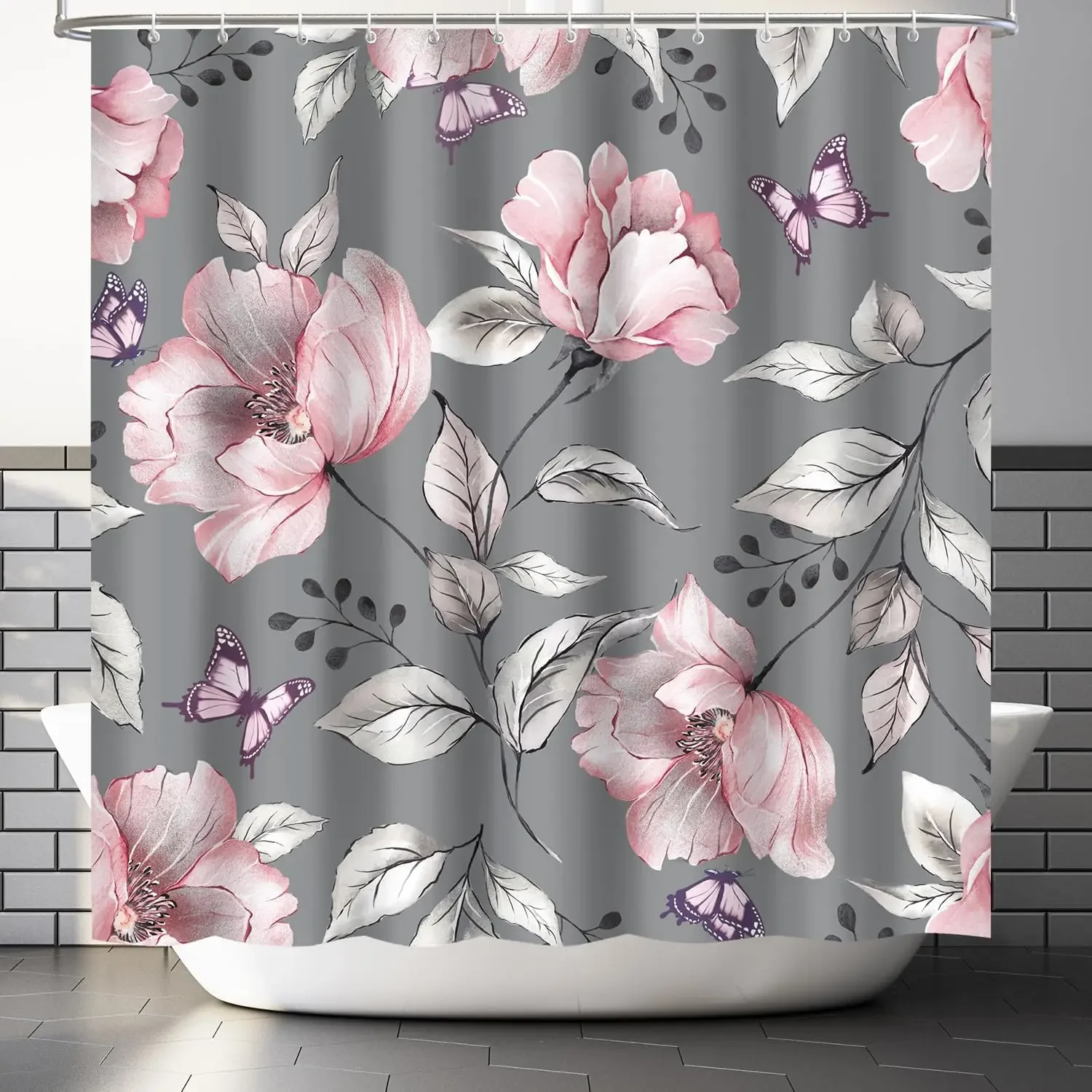 Floral Shower Curtains Blue Pink Watercolour Flowers Plants Butterfly Modern Simple Polyester Fabric Bathroom Decor With Hooks