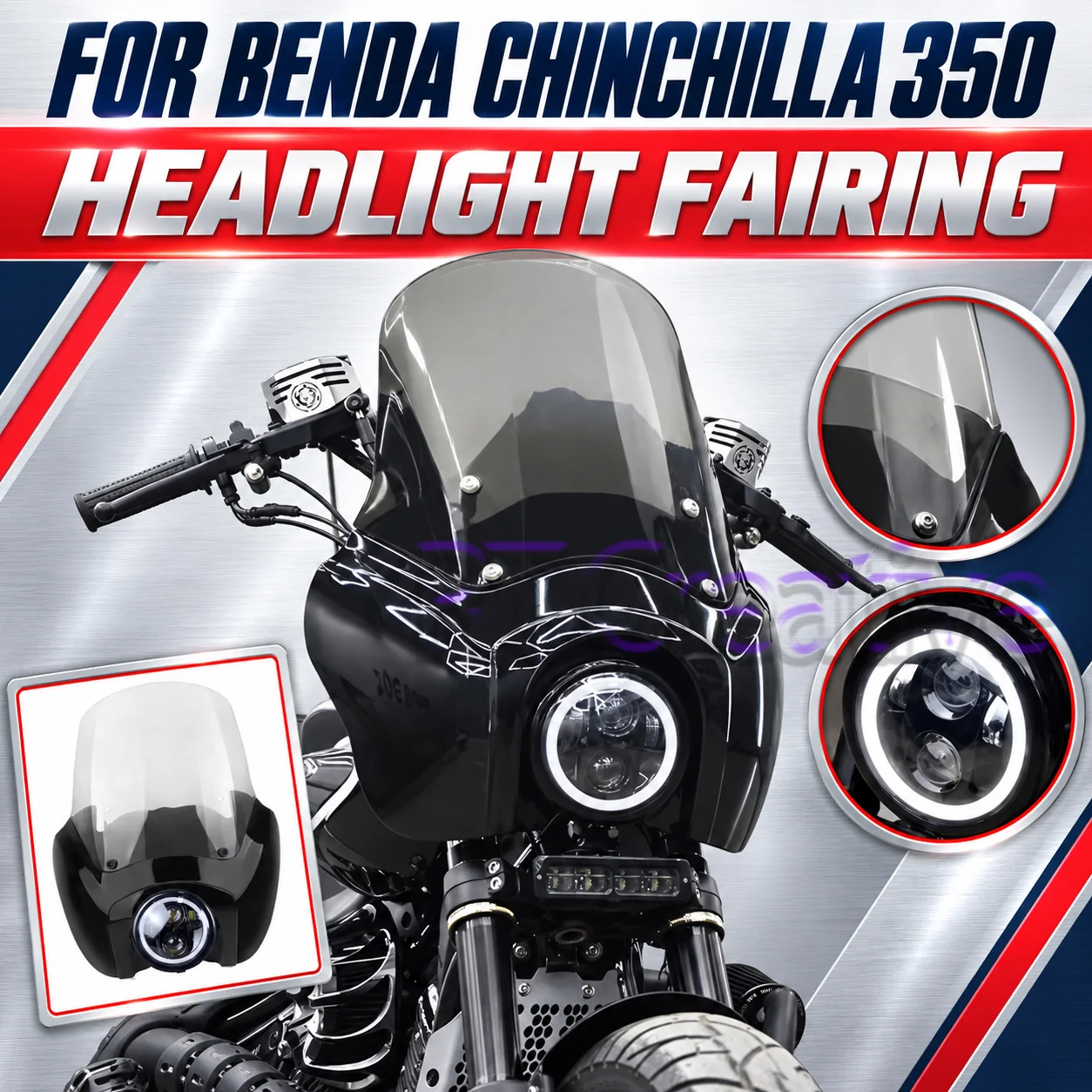 Retro Round LED Headlamp Head Cowl Wind Deflector For BENDA Chinchilla 350, Motorcycle Front Windshield Fairing Modification