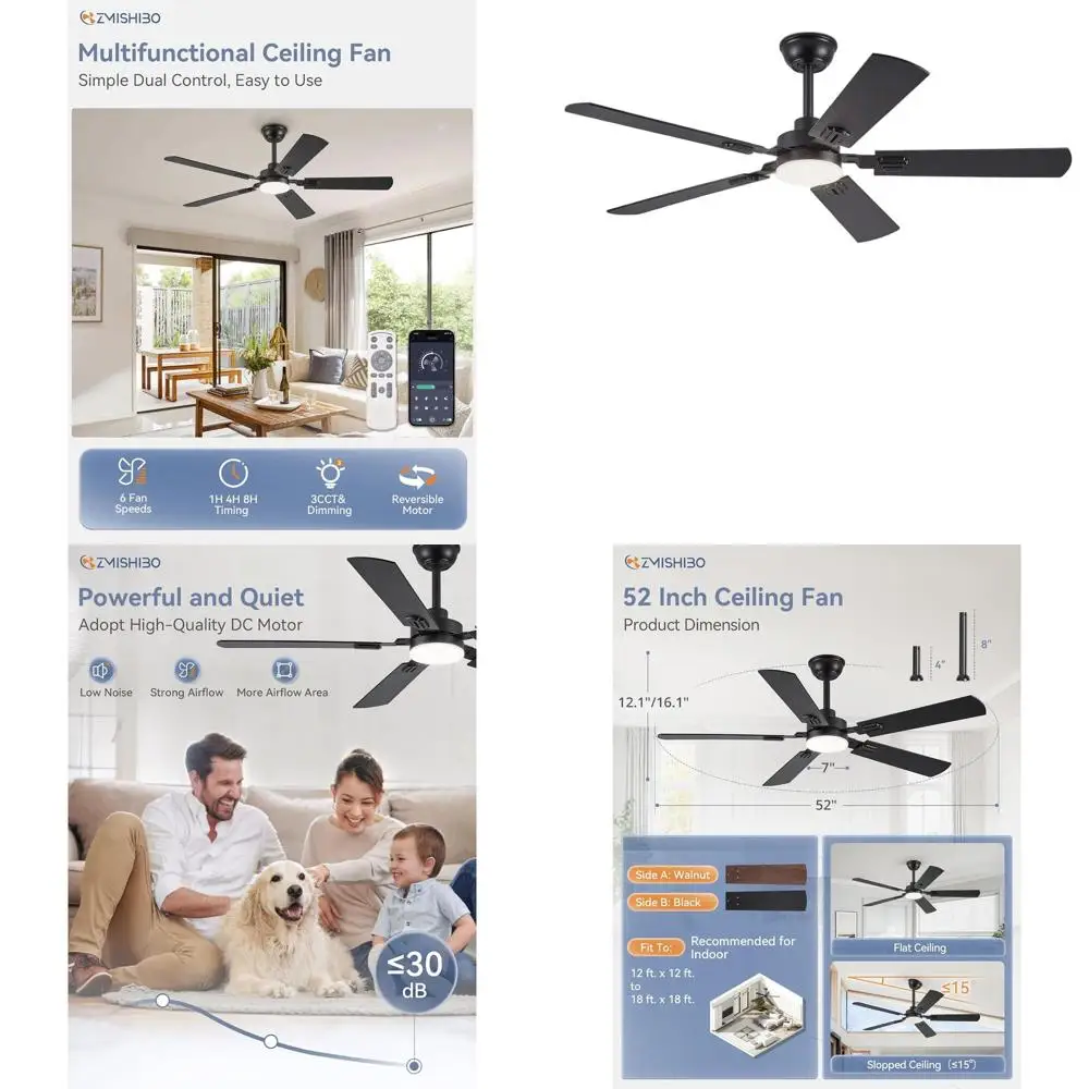 

Современный черный потолочный вентилятор 52 дюйма с подсветкой, пультом дистанционного управления, двойными лопастями, бесшумной работой и яркой светодиодной подсветкой