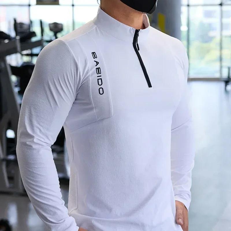 Sport Fitness Langarm Männer Herbst Dehnbar Quick-Dry Lauf Gym Training Kleidung Schlank Reißverschluss Baseball Tennis Sport Tops