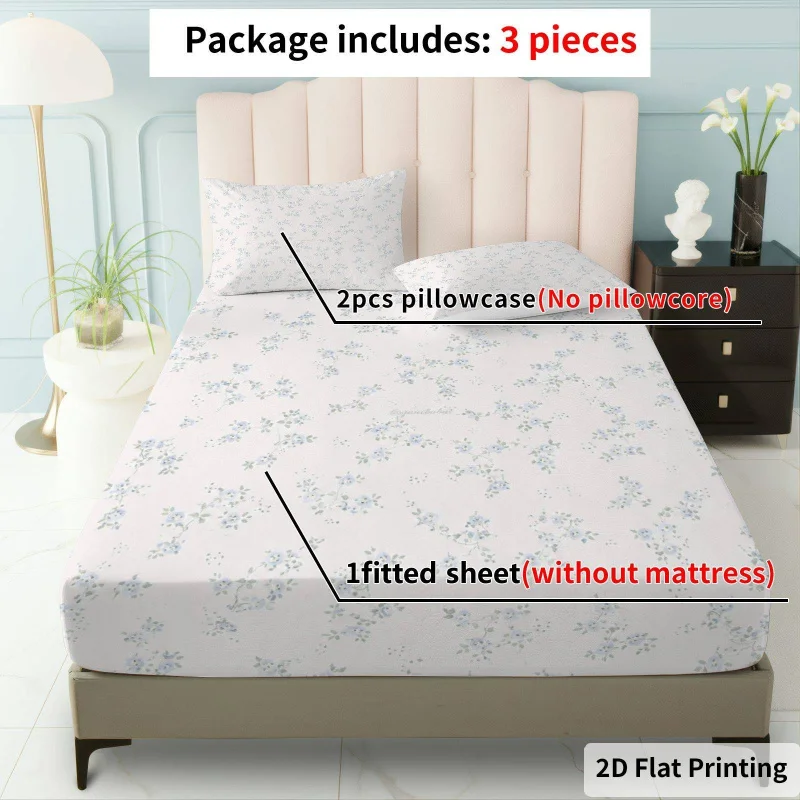 3Pcs Floralpastel Fitted Sheet Three Piece Set (1*Fitted Sheet + 2*Pillowcases, Coreless), Bedding Set.