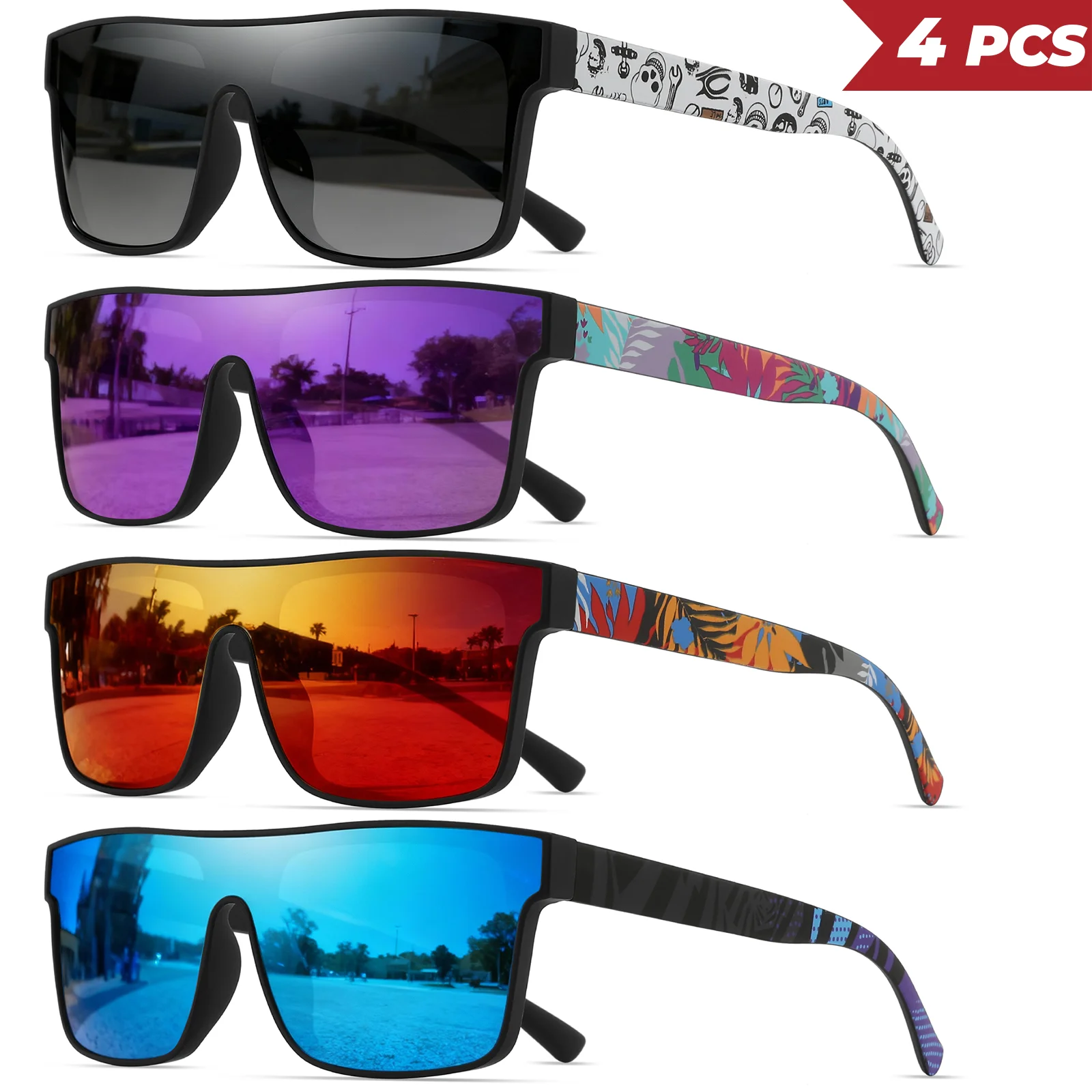 AliExpress VEGUEROS 4PCS Classic Square Fashion Sports Sunglasses - Patterned Temples, Unisex for Cycling, Hiking, Travel - Perfect Gift