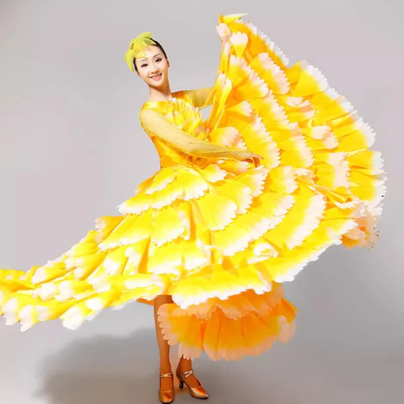 Damen Spanisches Flamenco Stierkampf-Kleid, Eröffnungstanz, Großer Schwung, Blütenblatt-Design, Klassische Kleider, Bühnentänzerin, Performance-Rock, Kostüm – Detail 16