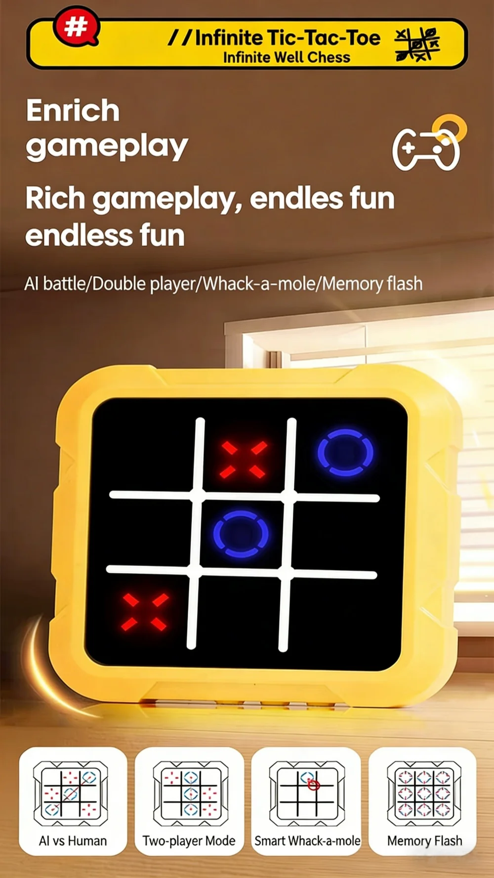 Tragbares Tic-Tac-Toe, Stressabbau- und Lernbrettspiel, multifunktionales elektronisches Spiel, geeignet für Erwachsene und Kinder – Detail 5