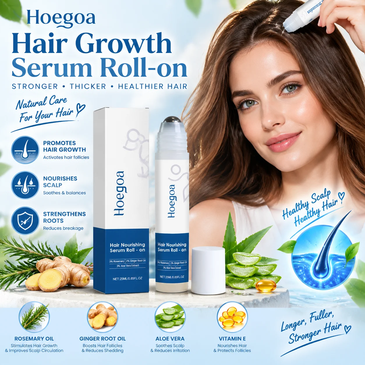 Hoegoa Rosmarin-Haarserum für Haarwuchs, Kopfhautpflege, Stärkung der Haarwurzeln, Ingweröl, Anti-Haarausfall-Serum, Roll-On
