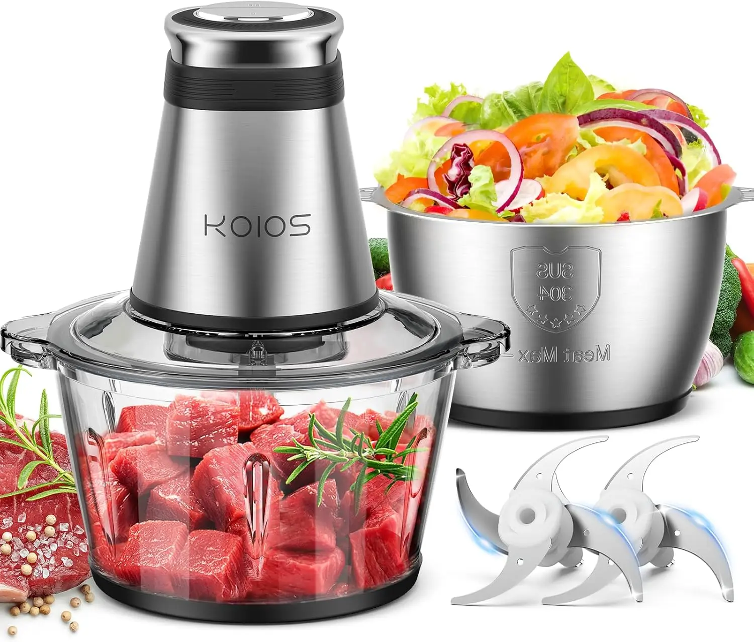 

Food Processor, 500W Electric Food Chopper with 2 Bowls (8 Cup+8 Cup) & 2 Bi-Level Blades&,Small Electric Grinder Meat Processor