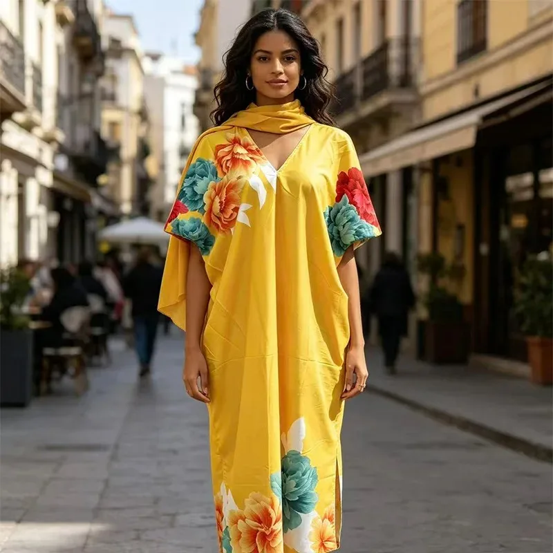 

2026New African women's clothing large robe Muslim long dress rendering printing hot drilling craft large size dress + headscarf
