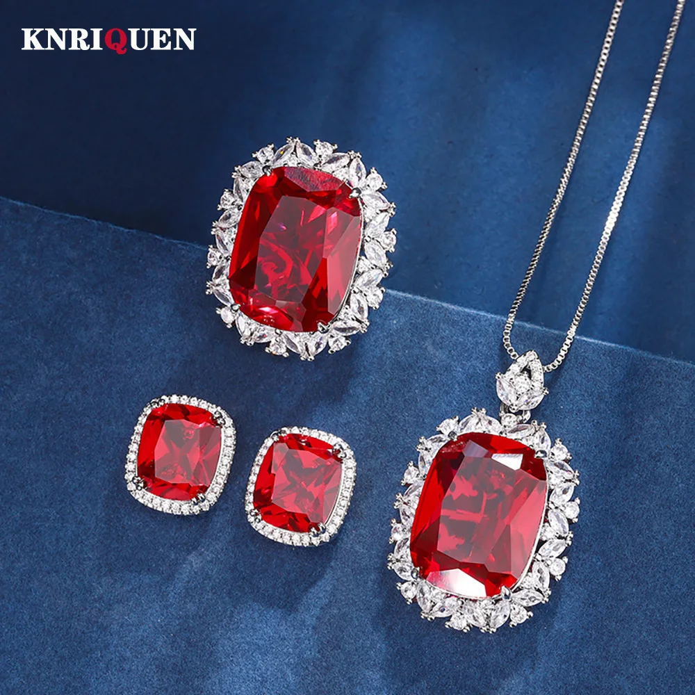 

Vintage Ruby Gemstone Necklace Pendant Ring Stud Earrings for Women Wedding Party Fine Jewelry Set Accessories Anniversary Gift