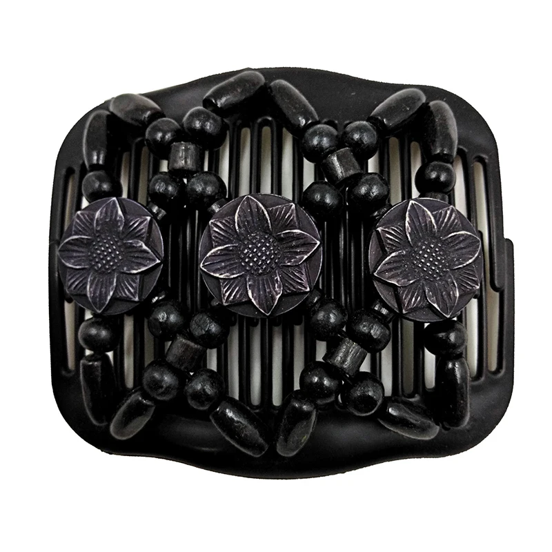 Hair Side Combs for Women Wood Beaded Stretch Double Hair Side Combs Clips Bun Maker with 3 Flowers Hair Accessories