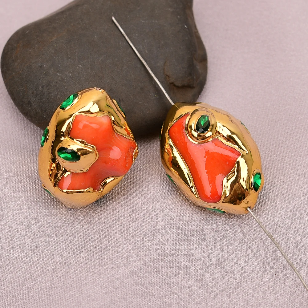 APDGG 5 Pcs Natural Orange Coral Nugget Paved Green Crystal Gold Plated Spacer Beads For Jewelry DIY