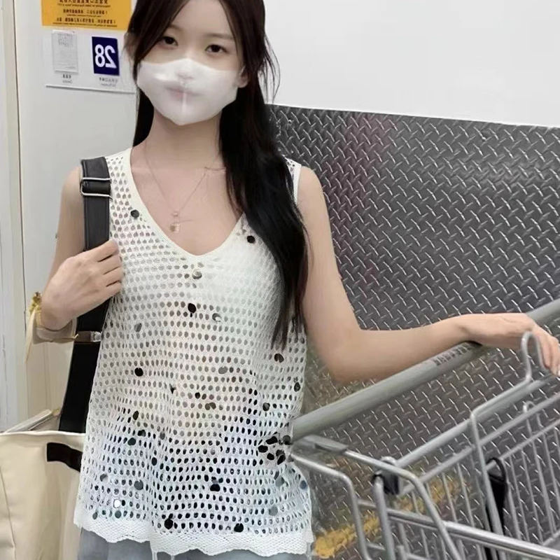 

V-Neck Sequined Hallow Women Tops Summer Sleeveless Casual Holiday Cozy Covers
