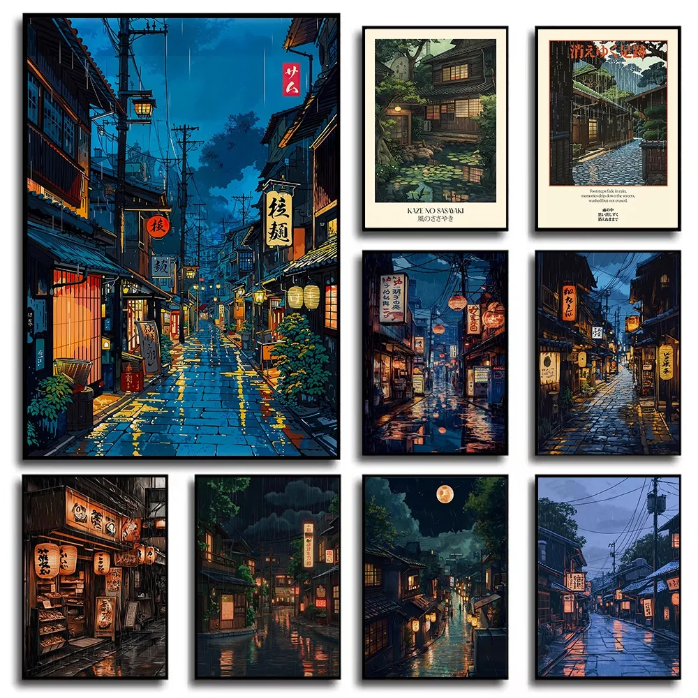1 Frameless Tokyo Teahouse Cartoon Japanese Illustration,Anime Style City Street Cafe Scene Printing,Modern Ukiyo-e Decor Poster