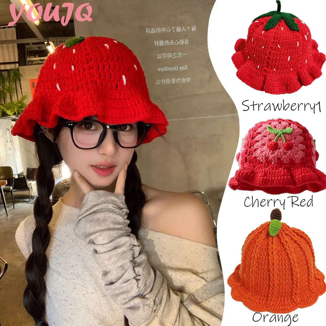 

Fruit Cap Men Women Strawberry Cherry Crochet Hat Handmade Floral Portable Knitted Cute Vintage Flower Skiing Knit Beanie Hats