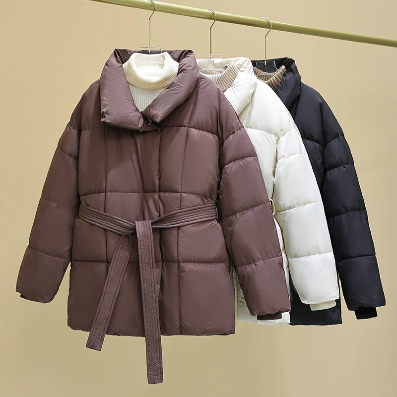 Winter Women Parkas Jackets With Sashes 2024 Casual Turn Down Collar Thick Warm Windproof Parkas Coat Female outwear  parkas