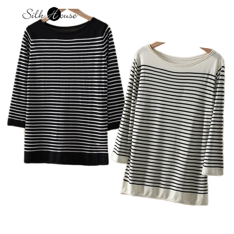 

Pinstripe Round Neck Pullover Long Sleeve Top 2023 Early Autumn New Fashion Slim Fit Quarter Sleeve Women's Pullover