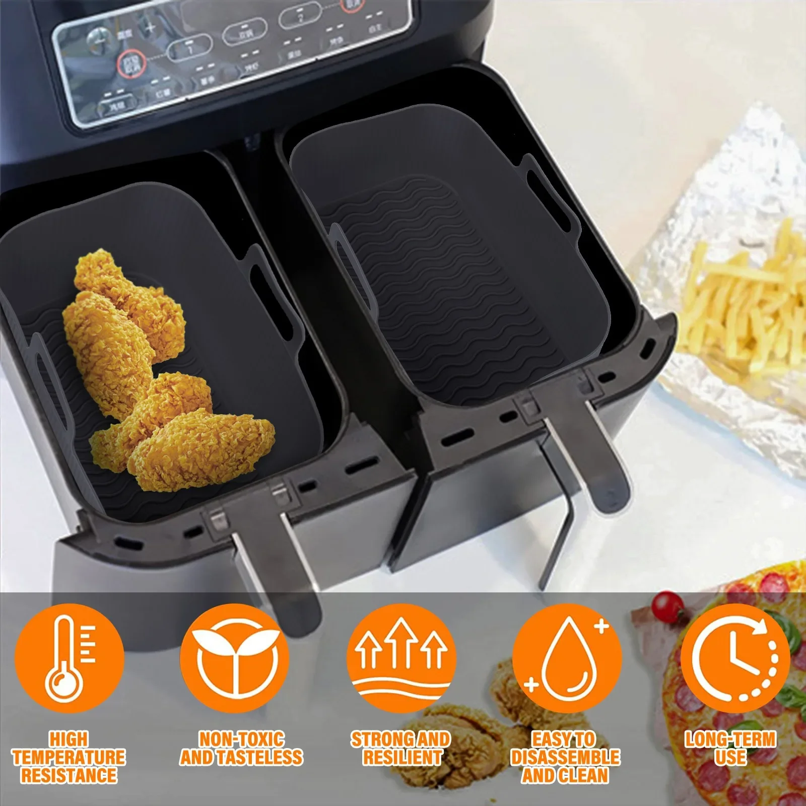 2pc/1pc Air Friteuse Silikon Tablett Rechteck Ofen Backen Korb Wiederverwendbare Liner Einsatz Gericht Gebratenes Huhn für Airfryer Zubehör – Detail 7