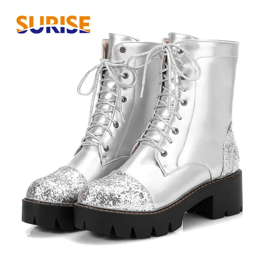 

British Winter Women Platform Ankle Boots Silver Patent Leather Patchwork Party Lady Square Heels Round Toe Lace-up Shorrt Boots