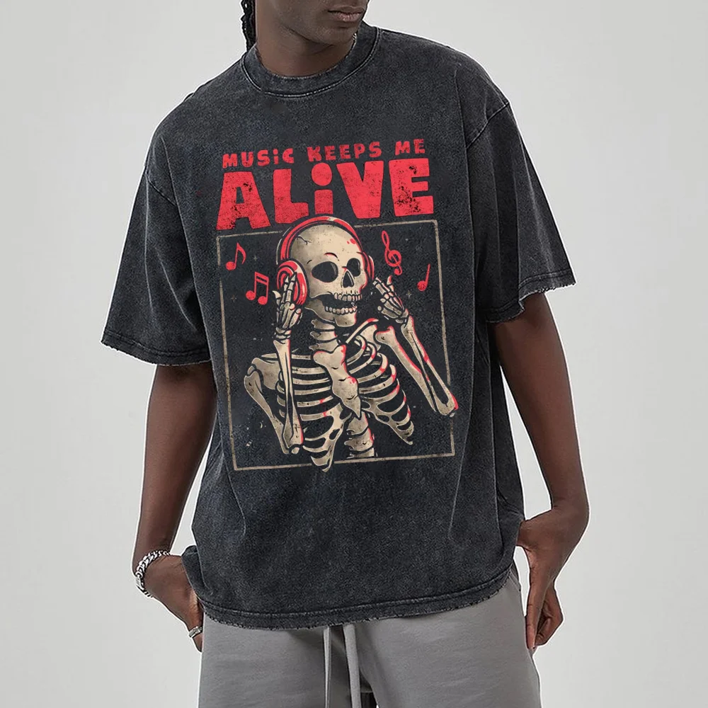 Alive Skull Listen To Music Print Women Wash T-Shirt Oversized Couple Short Sleeve Unisex Fashion Hip Hop High Street Girls