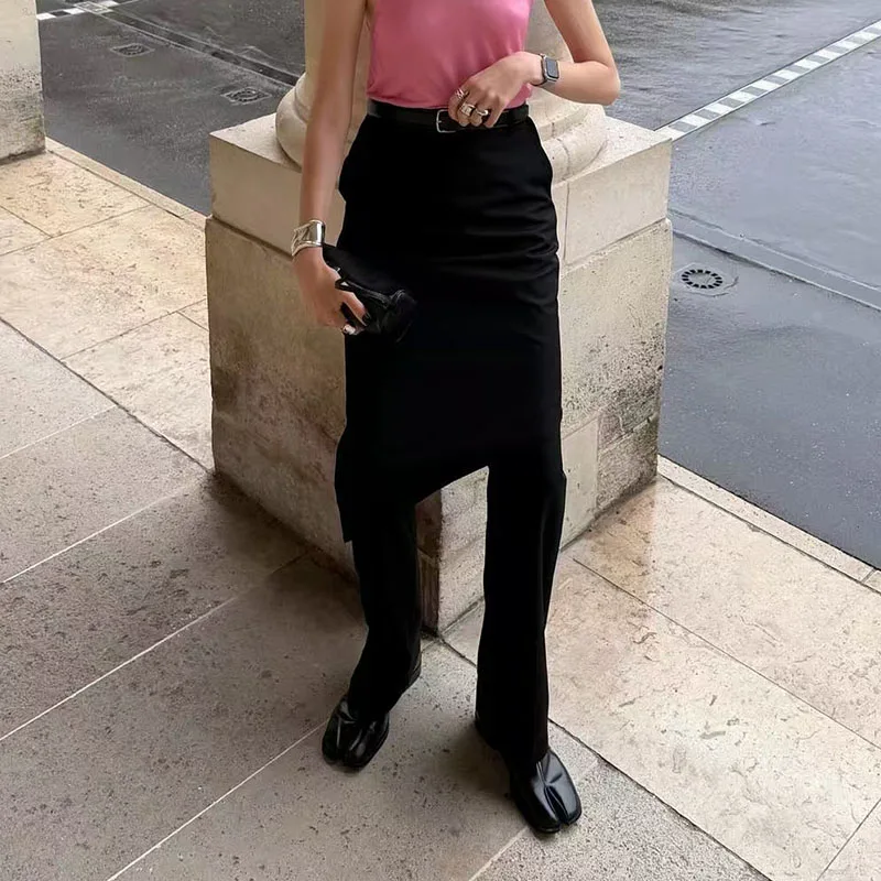 2025 خريف/شتاء جديد تنورة غير متناظرة المرقعة فو قطعتين عالية الخصر مستقيم الساق فستان كاجوال بسيط السراويل