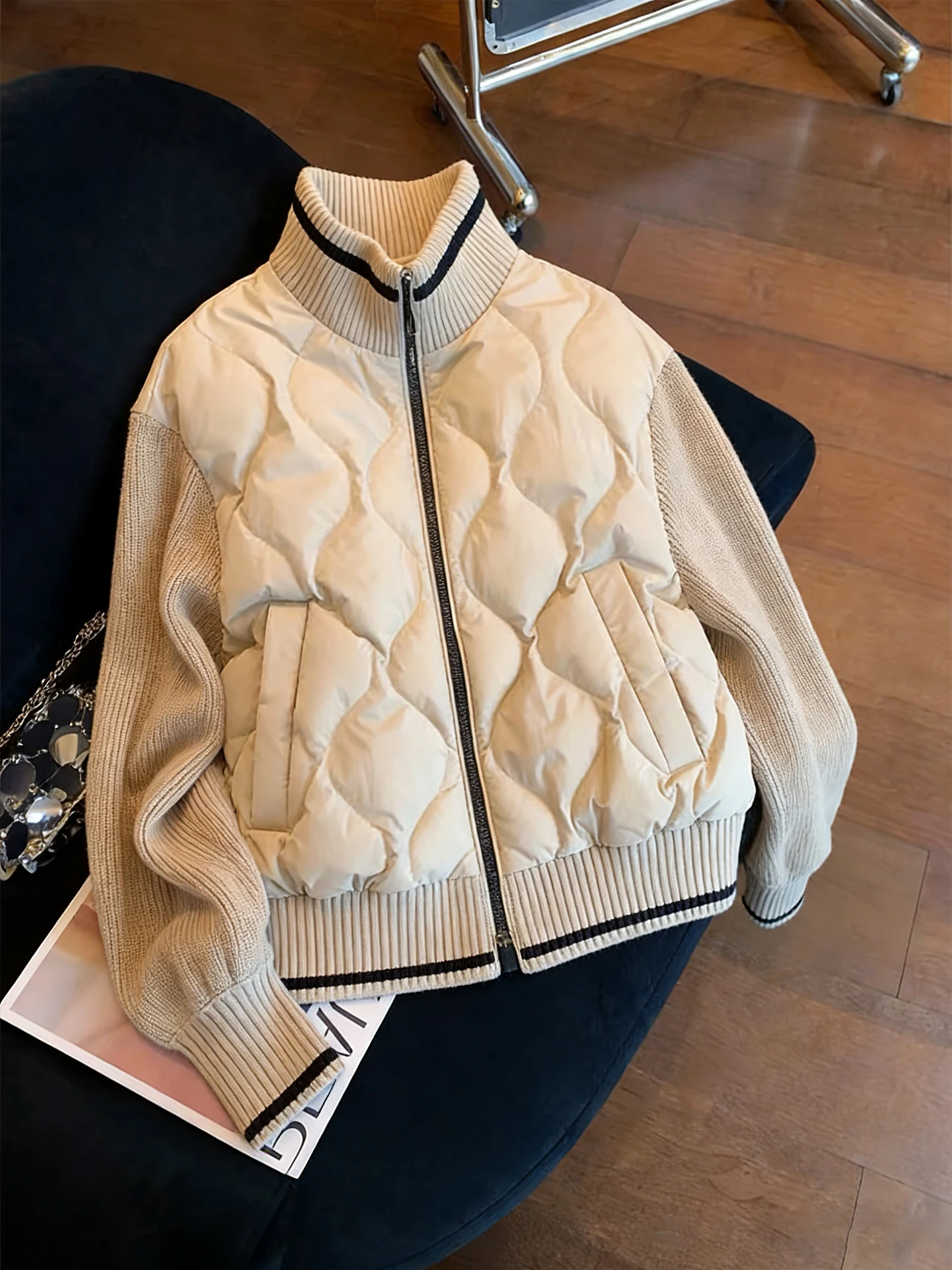 

Ретро-куртка в американском стиле с вязаными вставками и воротником-стойкой, женская повседневная универсальная модная хлопковая куртка для осени и зимы