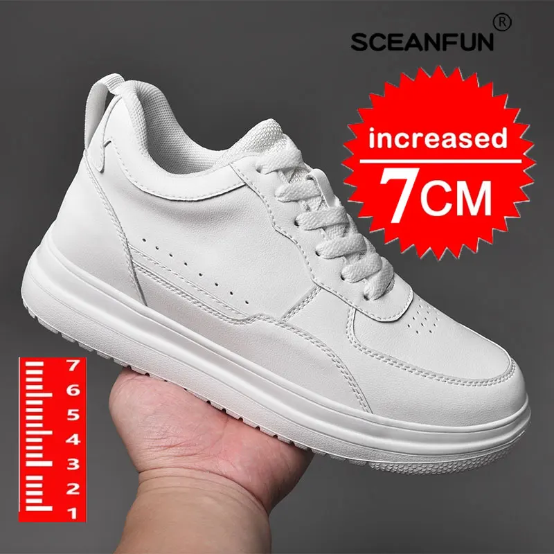 lift height New Height Increasing Shoes For Men 7CM Invisible Elevator Sneakers White Leathe Sport Zapatillas De Hombre