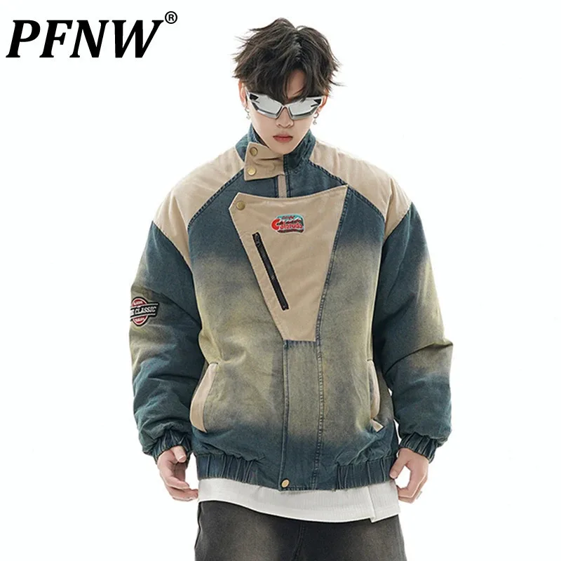 PFNW Men's 2024 Winter Cotton Padded High Street Stand Collar Print Design Spliced Washed Cowboy Coats New Couple's Tops 28W4983