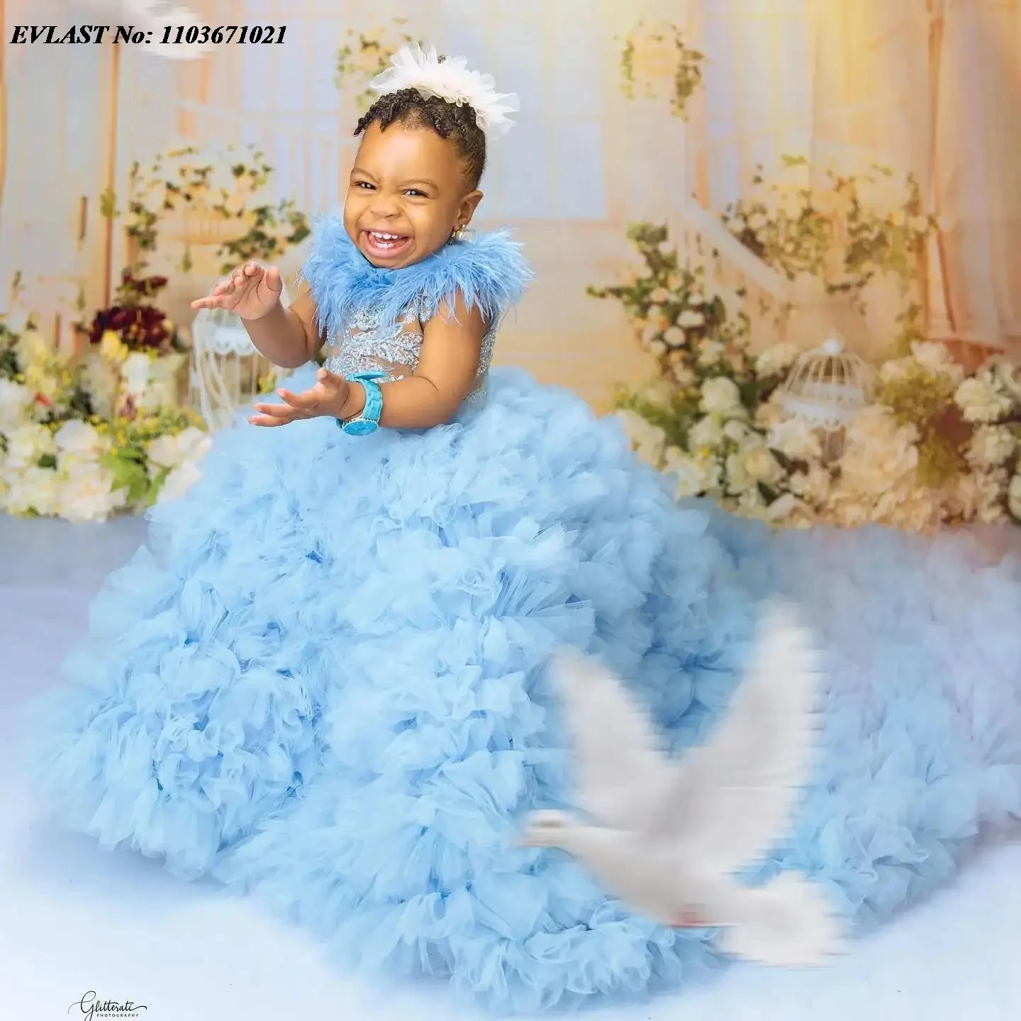 EVLAST Customized Blue Luxury Feather High Neck Flower Girl Dress Baby Ball Gown Kids First Communion Dress Birthday Gown FD57