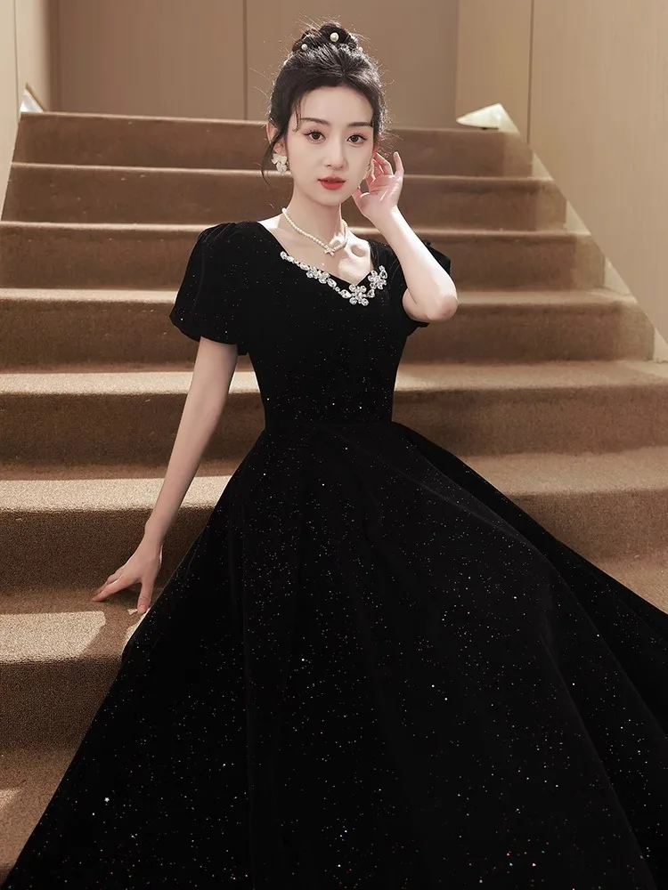 Vestido de noite preto feminino banquete temperamento luz luxo minoria high-end estilo francês exame de arte adulto cerimônia sentido 2025