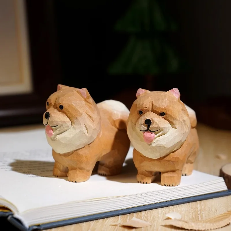 Miniaturas de Chow Chow Talladas a Mano en Madera, Lindos Perros de Dibujos Animados, Decoración para Oficina, Escritorio, Mueble de TV, Mesa, Manualidades para el Hogar, Regalo, Adorno