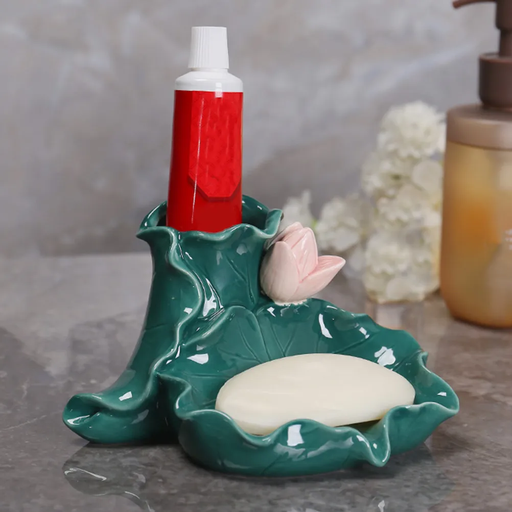 

Ceramic Toothbrush Holder and Soap Dish Set Compact Bathroom Organizer with Draining Design Smooth Surface for Sink Vanity