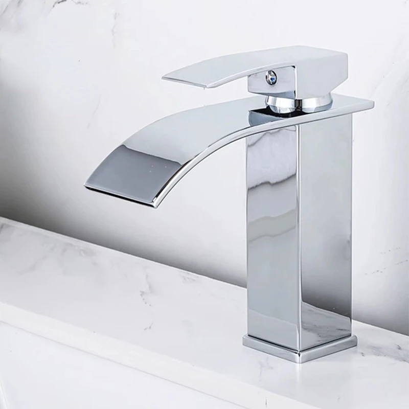 

Basin Faucets Silver Elegant Waterfall Bathroom Sink Faucet Single Lever Hole Deck Mount Spout Cold Hot Water Vanity Washbasin