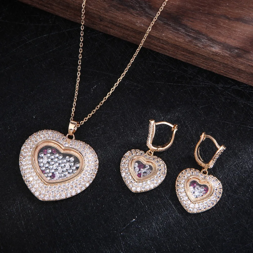 Trendy Lover Heart Wedding Necklace Earrings For Women Full Cubic Zirconia Bridal Jewelry Sets pendientes mujer moda S1256