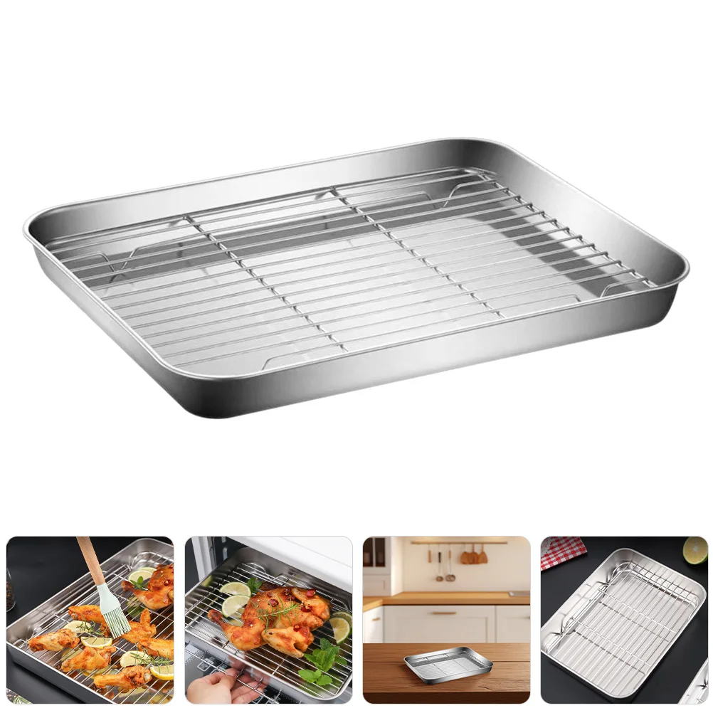 

Stainless Steel Deep Baking Pan with Wire Rack Cooling Rack Japanese Flat Bottom Cookie Sheet Roasting Baking Cooking Oven Tray