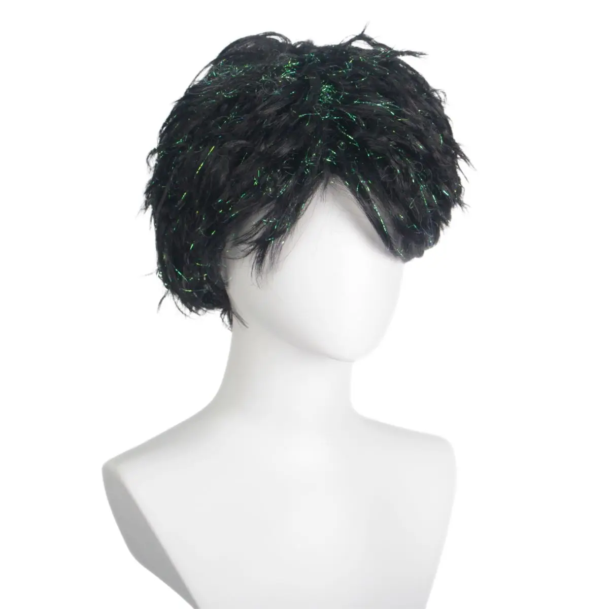 

New black rain silk wig synthetic shiny short hair for men daily costume party Halloween gifts
