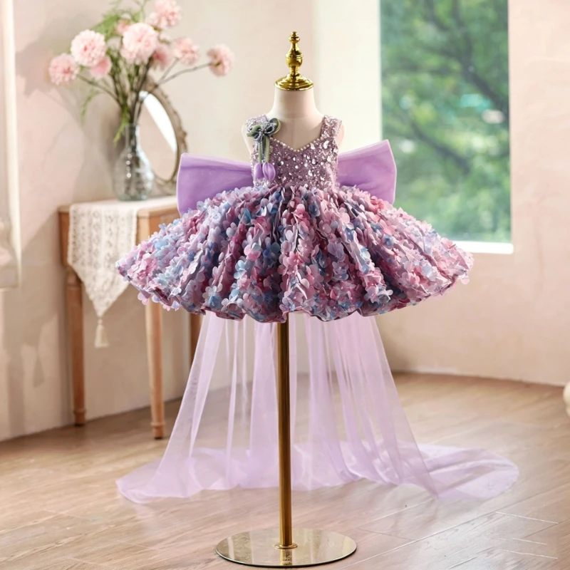 2026 Children Girls Birthday V Neck Purple Floral Pageant Elegant Costume Gown Piano Performance Runway Kids Host Princess Dress