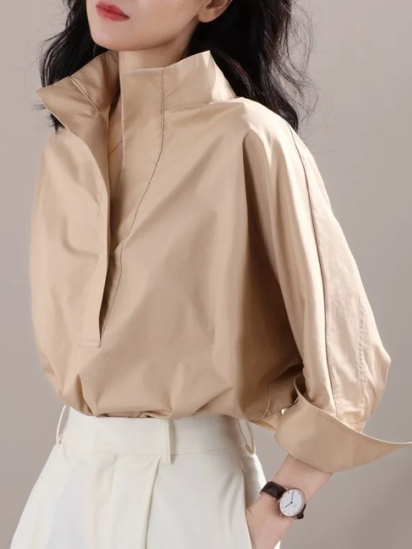 بلوزة فضفاضة تناسب Batwing Sve ذات ياقة واقفة ملونة قابلة للتنيف سبعة أضعاف Sve Street Sle للسيدات irt طويلة Sve