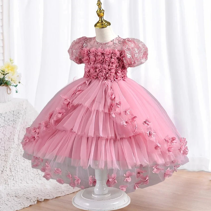 Girls\' Formal Evening Sleeveless Trailing  Princess Dress girls pearl bow fluffy mesh skirt banquet host costumes 5-14 years old