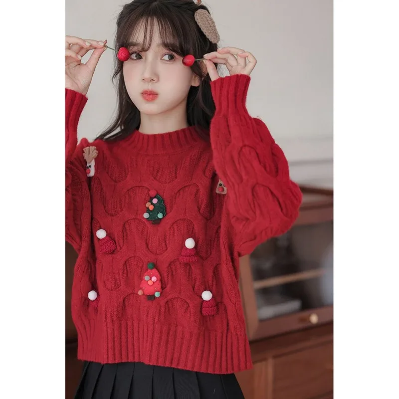 

2025 Autumn and Winter New Style Loose Lazy Round Neck Pullover Knitted Women's Short Sweater Christmas Top