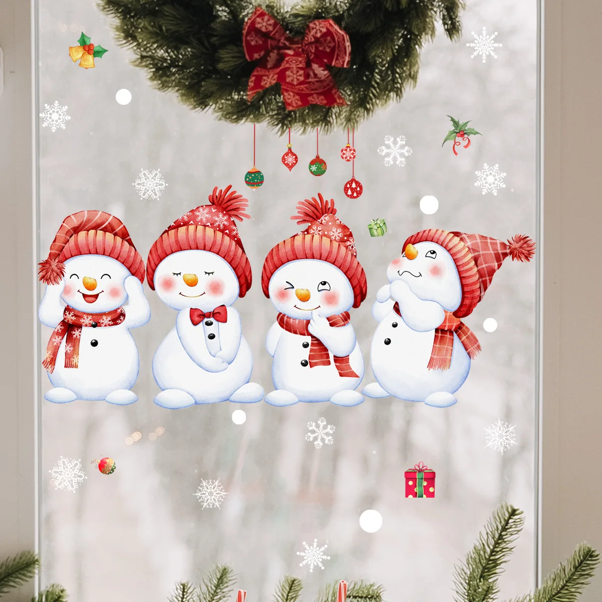 New Year Windows Stickers Cartoon Snowman Snowflakes Christmas Window Wall Sticker Electrostatic Decal Double-sided Pattern