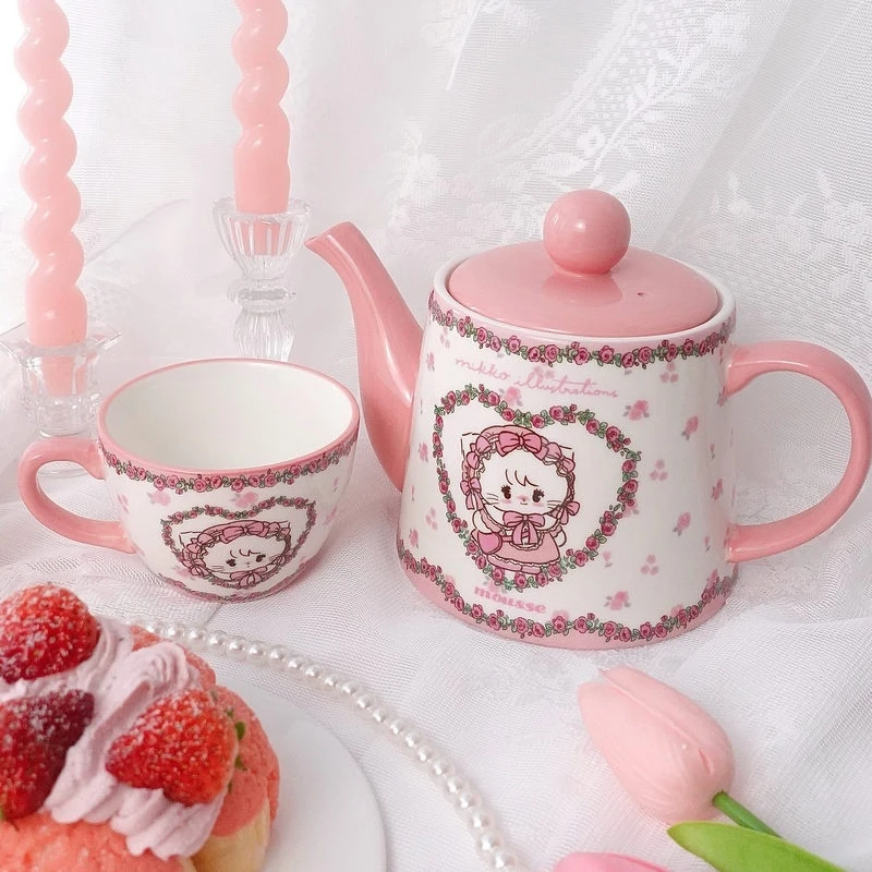

Kawaii Mikko Teapot Teacup Gift Box Set Anime Rose Series Ceramic Afternoon Tea Set Girls Room Ornament & Holiday Gifts