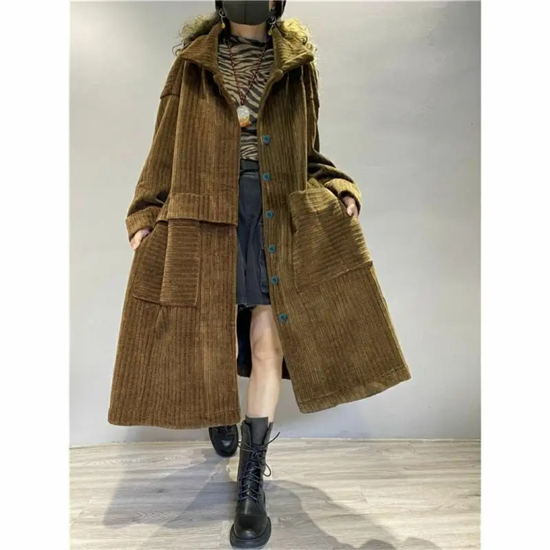 2023 New Fashion Corduroy Windbreaker Coat Female Mid-Length Big Pocket Autumn Winter Jacket Korean Version Women\'s Outerwear