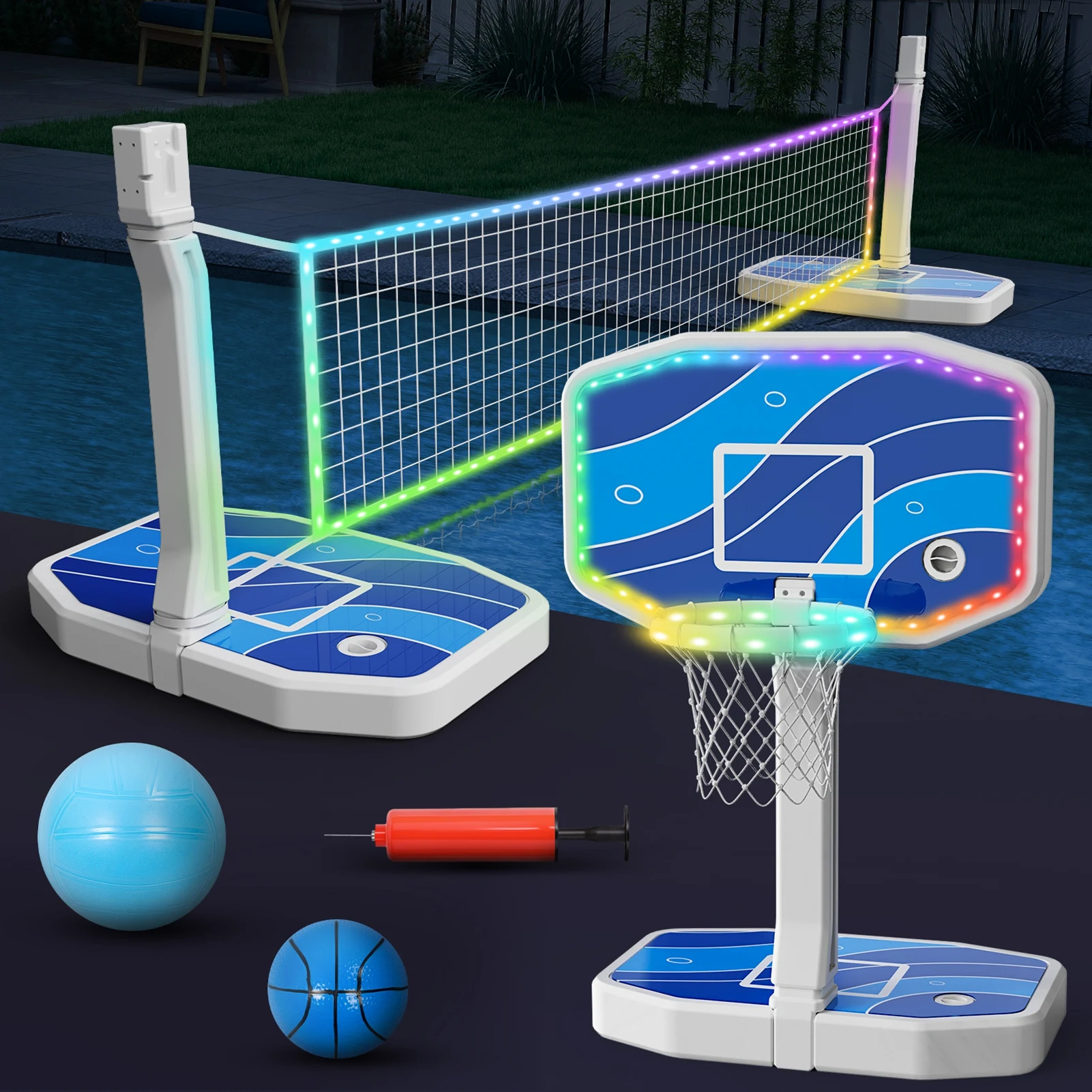 

2 in 1 LED Pool Basketball Hoop Poolside and LED Pool Volleyball Net Set Swimming Pool Basketball Goal Outdoor for Kids Teens