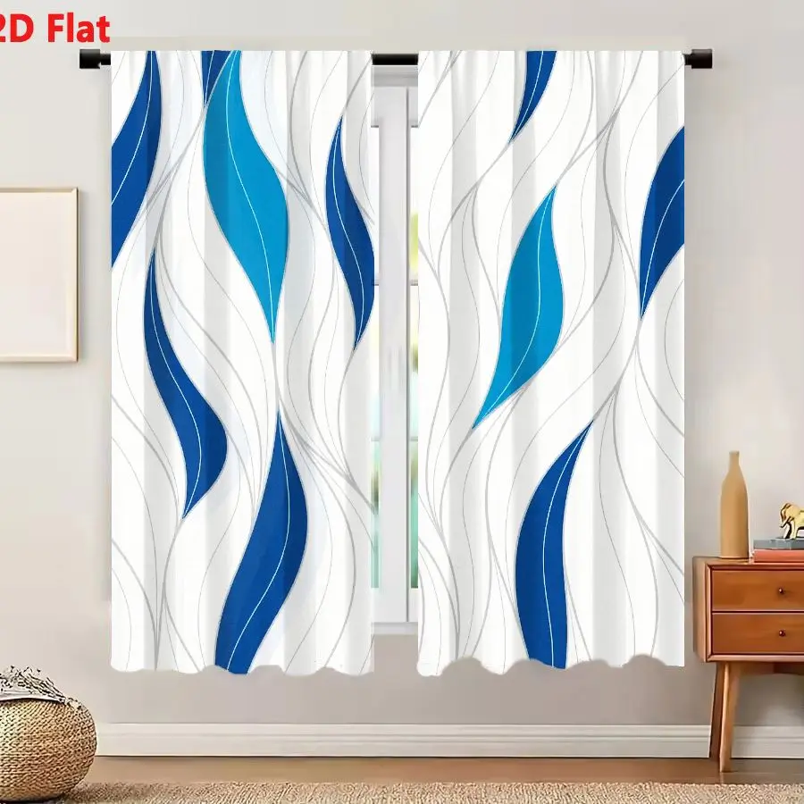 2Pcs Curtains 2D Flat Abstract Pattern With Wavy Leaf - Like Shapes In White Blue And Gray Smooth Flowing Design Window Drapes f