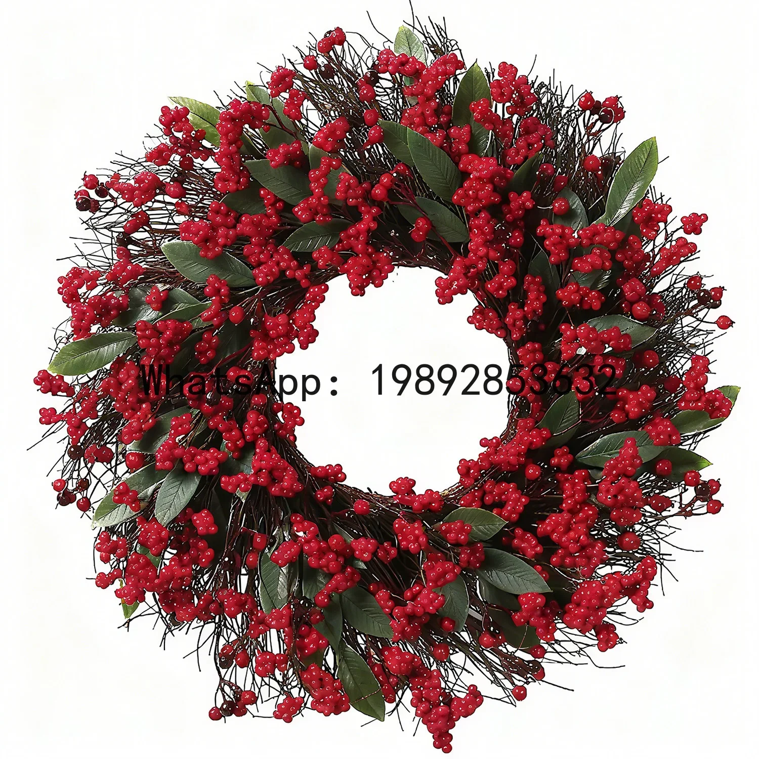 X New Christmas Artificial Holly Christmas Simulation Green Leaf Red Fruit Wreath Home Door Hanging--2 pcs