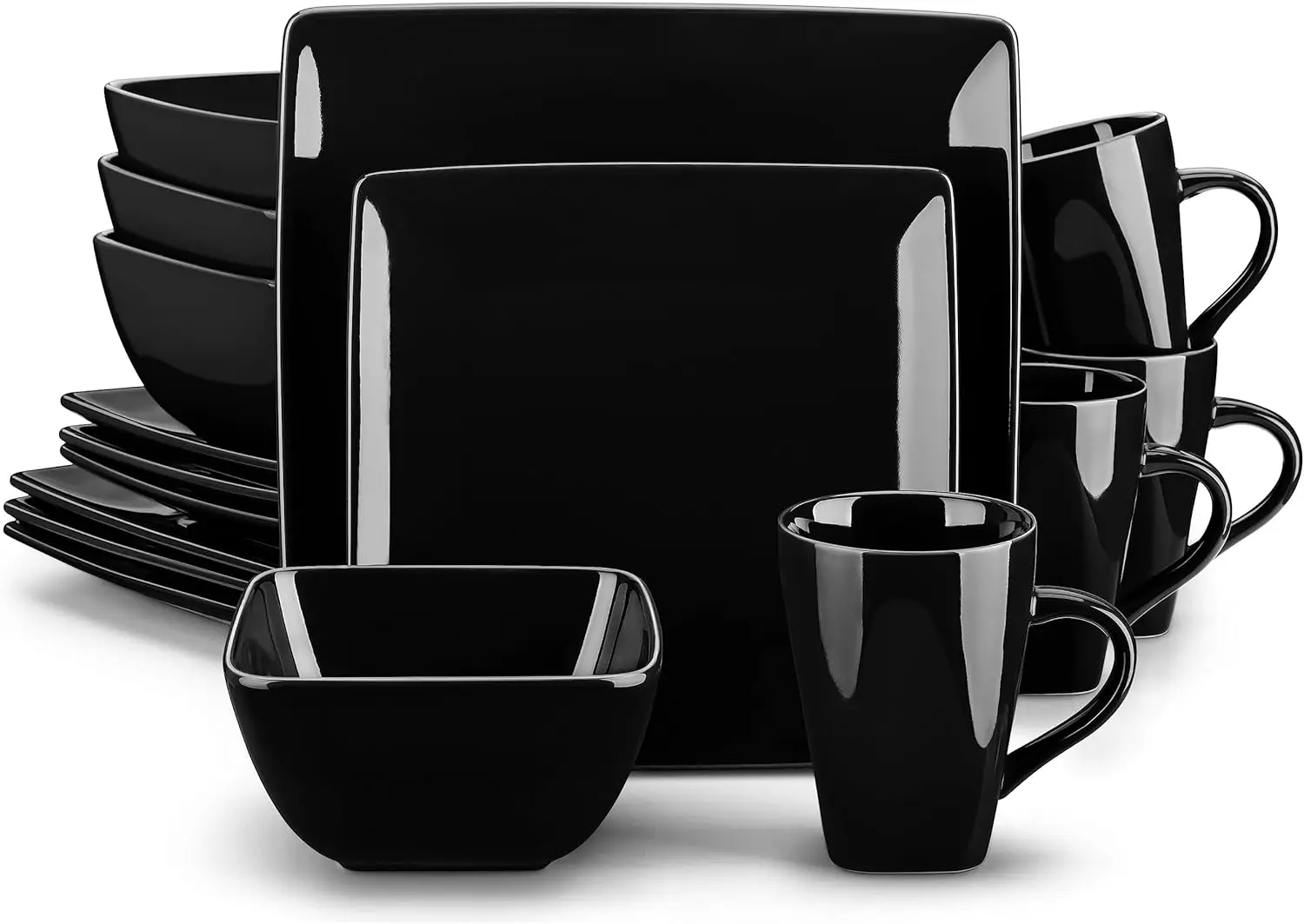 

vancasso Soho Dinnerware Set, 16 Pieces, Black Stoneware Square Place Setting, Dinner Plate, Dessert Plate, Bowls, Mugs