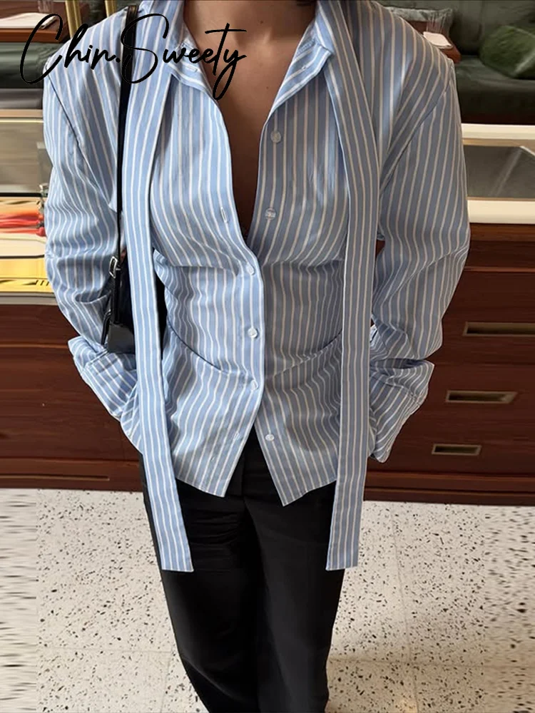 Casual Lace Up frauen Hemd Taille-Geschlossen Volle Hülse Taste Drehen-unten Kragen Dame Bluse 2026 frühling Chic Weibliche Straße Top Neue