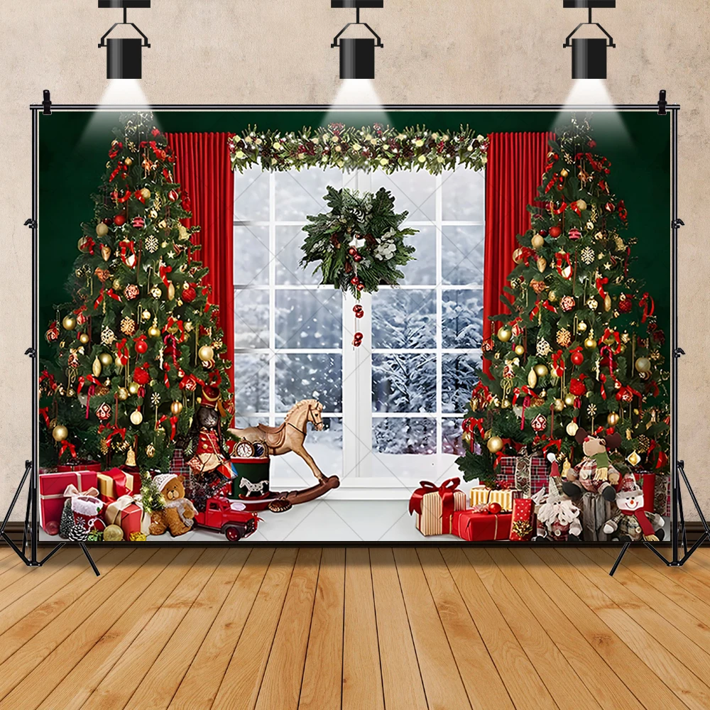 Merry Christmas Photography Backdrop Customized Winter Window Christmas Tree Party Decoration Baby Portrait Photo Studio Props