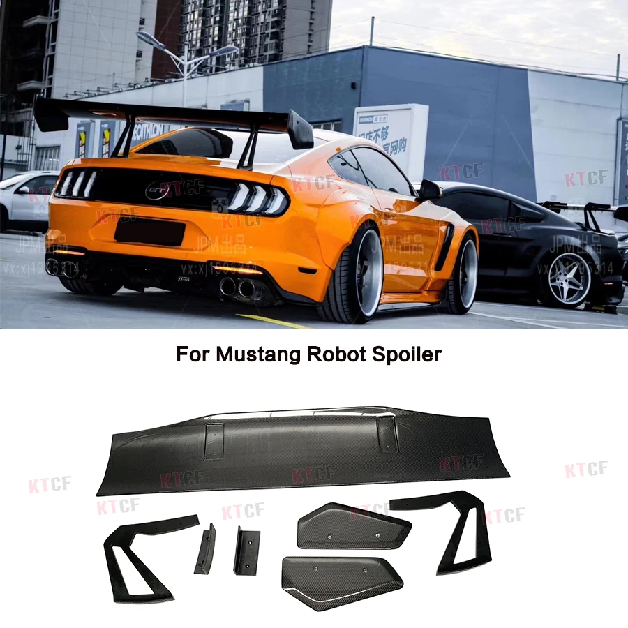 High Quality Real Carbon Fiber Big Tail Rear Spoiler Wing Trunk Wing Splitter for Ford Mustang Robot 3 Style FRP 2015-2021