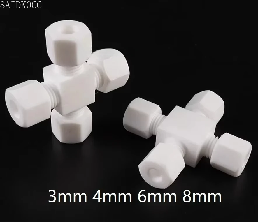 SAIDKOCC 6 8mm PTFE Ferrule union cross joint Corrosion acid alkali compression 4 four way Bite fitting polytef Tube Inserting